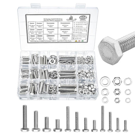 408PCS Stainless Steel Hex Bolts Nuts Washers Assortment Set with Storage Box