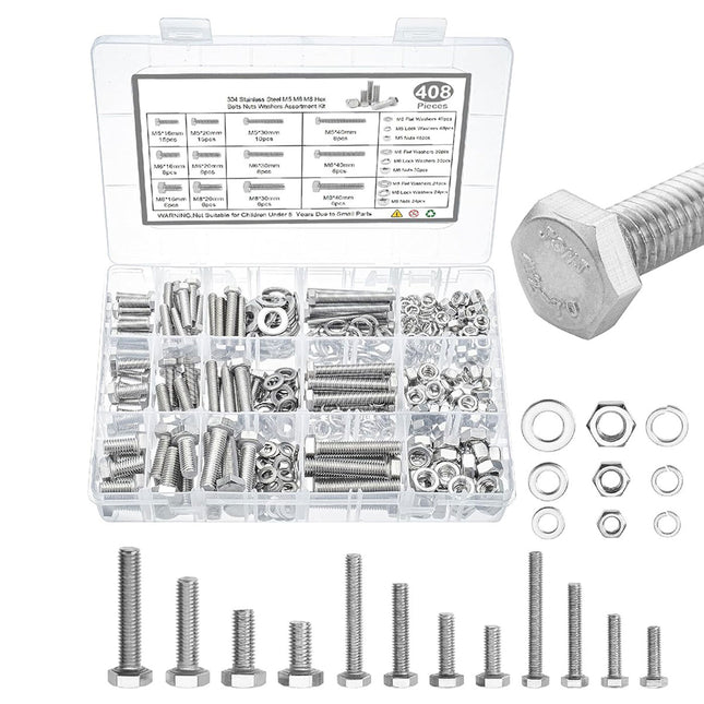 408PCS Stainless Steel Hex Bolts Nuts Washers Assortment Set with Storage Box