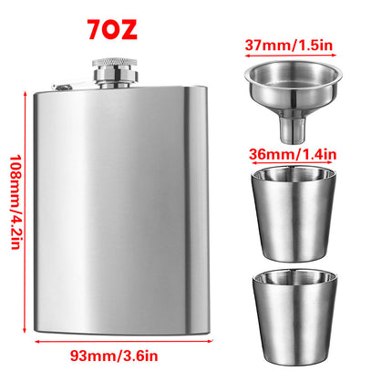 Stainless Steel Hip Flask Gift Set with Funnel and Cups Portable 7oz Metal Flask