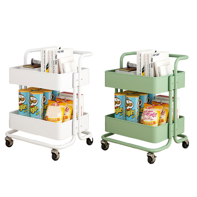 2 Tier Trolley Cart Storage Utility Rack Swivel Shelf Organizer Green White