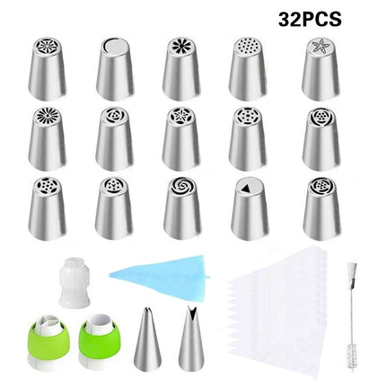 Russian Piping Tips Cake Decorating Set - 14 or 32 PCS Stainless Steel Nozzles
