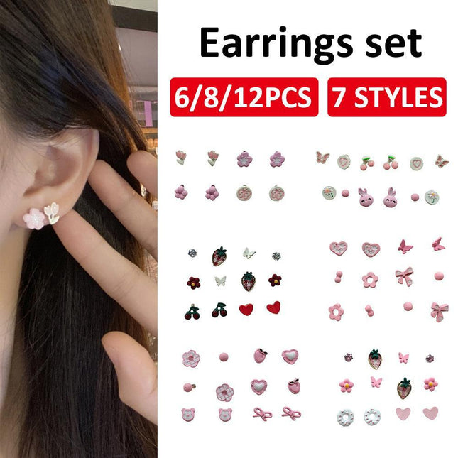 Cute Pink Stud Earrings Set for Women Girls Simple Fashion Jewelry Accessories