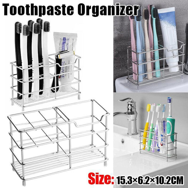 Toothbrush Non-Slip Holder Toothpaste Organizer Bathroom Stainless Steel Stand - Aimall