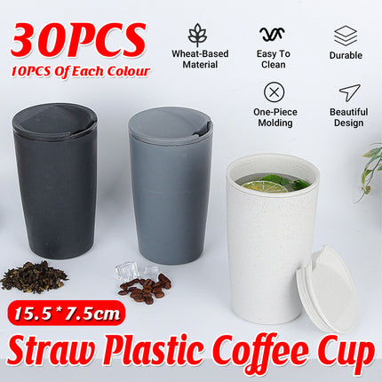 30PCS Straw Plastic Coffee Cups with Lids for Cold Drinks Party Use 3 Colours