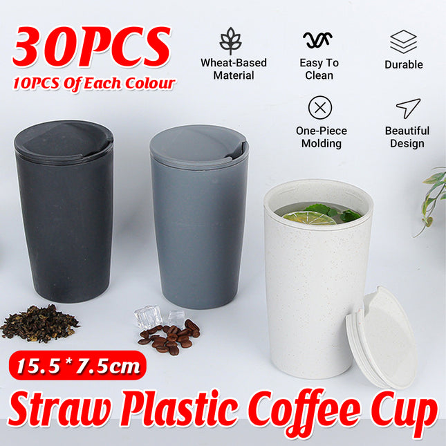 30PCS Straw Plastic Coffee Cups with Lids for Cold Drinks Party Use 3 Colours