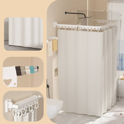 Shower Curtain Set Hidden Foldable Rod No Drill White Curtain Wet Dry Separation