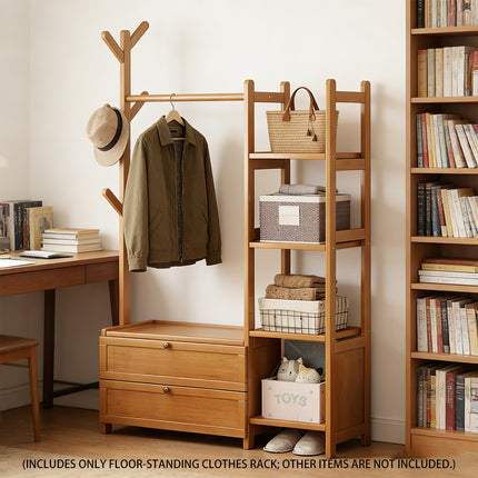Bamboo Floor-Standing Coat Rack Indoor with Storage Drawer Space Saving Stable