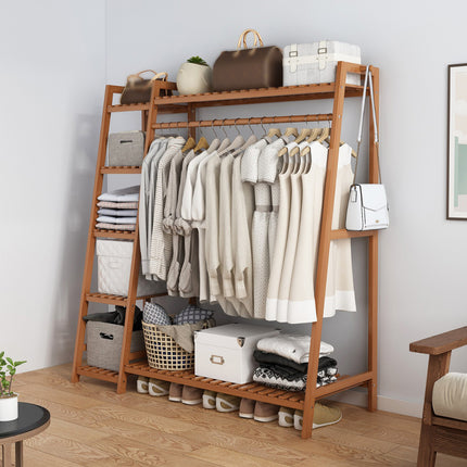 Bamboo Clothes Rack Storage Shelf Hanging Rail Stand With Shelves Hooks
