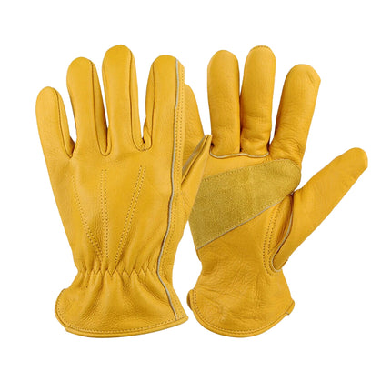 Golden Yellow Cowhide Work Gloves Full Finger Gardening DIY Home Maintenance Use