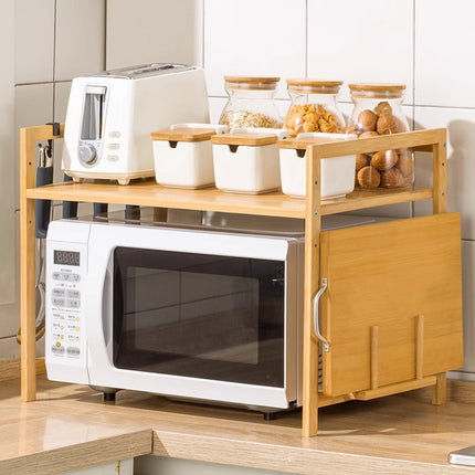 2 Tier Bamboo Microwave Oven Stand Rack Kitchen Condiment Holder with Hooks