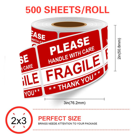 Fragile Warning Label Sticker 2 Rolls 1000PCS 2x3in Red for Shipping Packaging