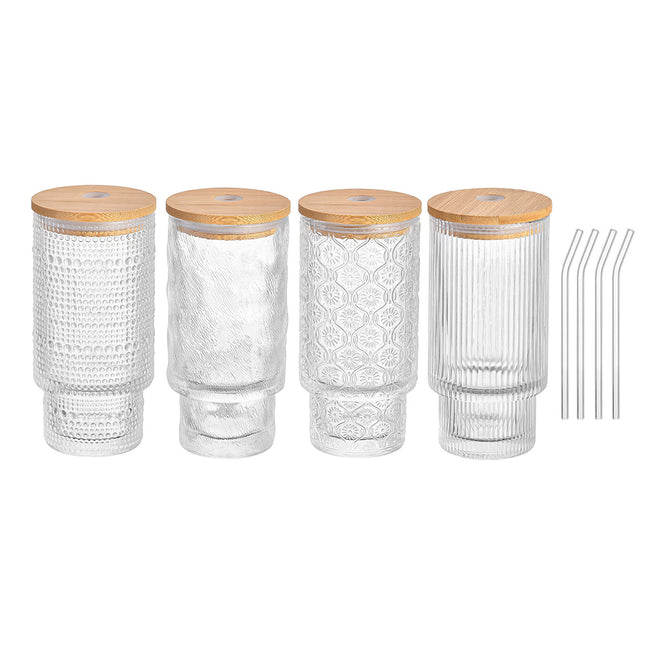 4PCS 11OZ Juice Cup with Lid and Straw Creative Glass Drink Cup for Home Office