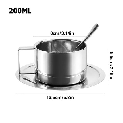200ml Stainless Steel Espresso Coffee Cup Saucer and Spoon Set Milan Style
