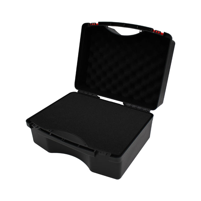 Black ABS plastic tool box closed front view - portable large capacity tool storage case with dual red latches