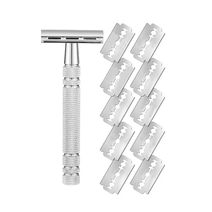 Double Edge Safety Razor Aluminium Zinc Silver 10 Blades 4.3 x 10.8cm