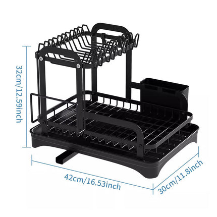 Kitchen Dish Drying Rack 2 Tier Carbon Steel Black 42x30x32cm Telescopic Drain
