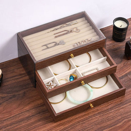 Multi Layer Wooden Jewelry Box Walnut Grain with Compartments Drawers Display