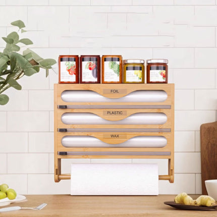 Wall Mounted Plastic Wrap Cutter Bamboo Multi Cell Kitchen Storage Box Organizer