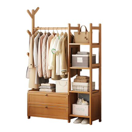 Bamboo Floor-Standing Coat Rack Indoor with Storage Drawer Space Saving Stable