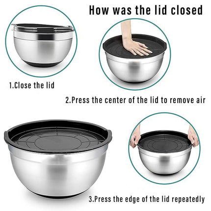 5PCS Stainless Steel Mixing Bowl Set with Black Dust Cover for Cooking Baking