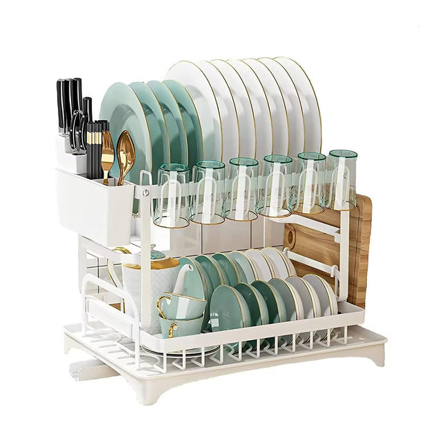 Kitchen Dish Drying Rack 2 Tier Carbon Steel White 42 x 29 x 29cm Tableware