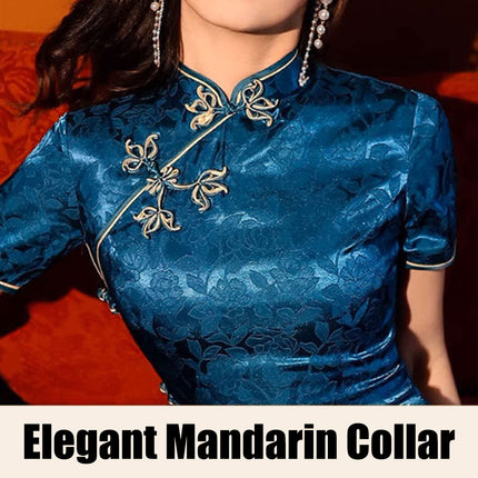 Blue Cheongsam Dress Long Retro Elegant Style Traditional Chinese Qipao Vintage