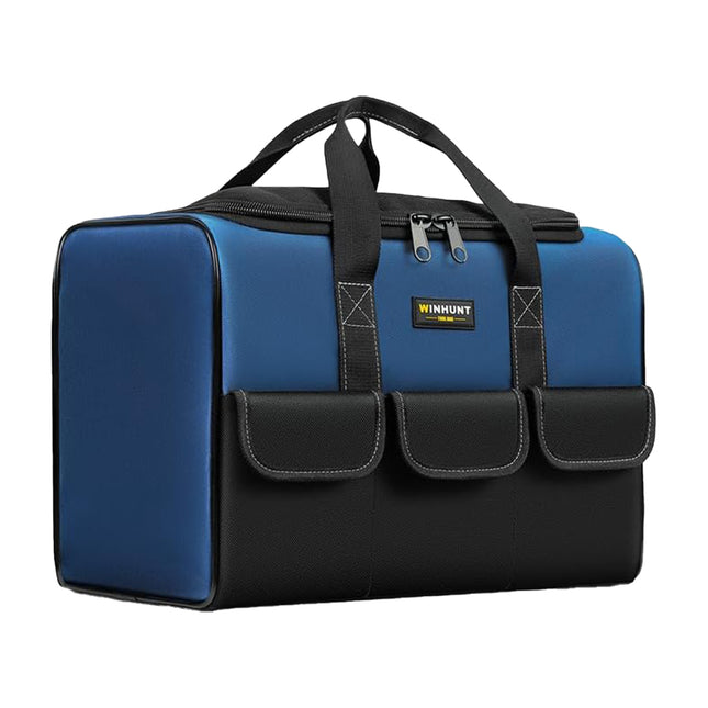 Large capacity Oxford cloth tool bag 43x23x29cm navy blue - closed view showing external pockets and carry handle