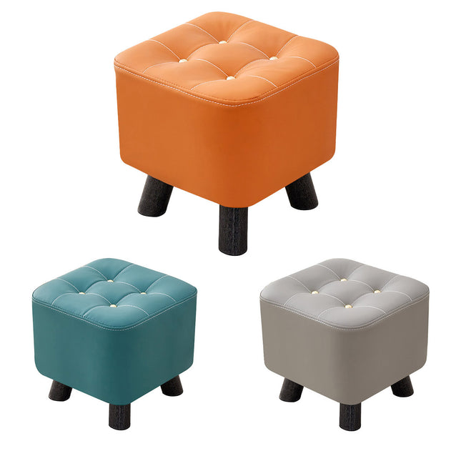 Small Upholstered Stool Square Ottoman Wood Legs Waterproof Leather Footrest