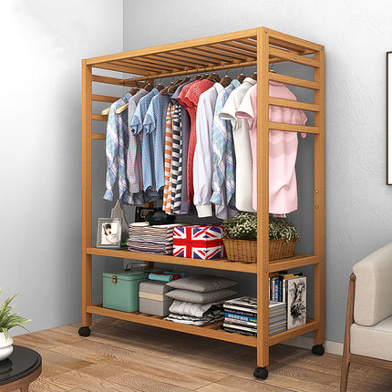 Bamboo Floor-Standing Clothes Rack with Wheels Large Capacity Bedroom Entryway