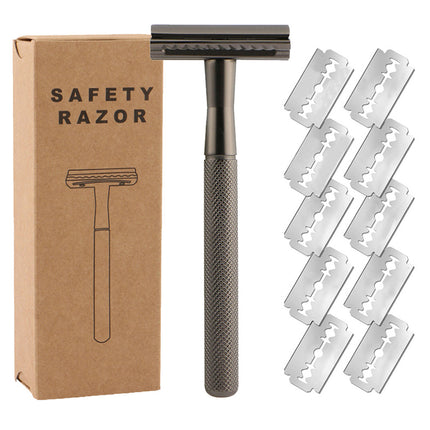 Double Edge Safety Razor Manual Shaver Diamond Grip Grey 10 Blades 4.3 x 10.8cm