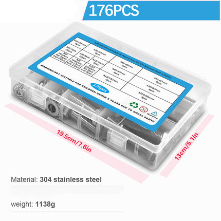 176PCS Stainless Steel Nut Set Silver Hardware Fasteners for Car Home DIY Repair