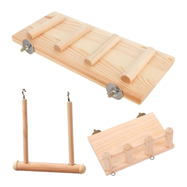 Wooden Parrot Platform Ladder Swing Toy 3 Piece Set Natural Wood Non Toxic