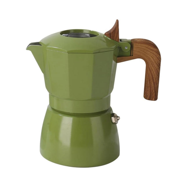 Double Valve Moka Pot Italian Espresso Coffee Maker Aluminium Green Wood Handle