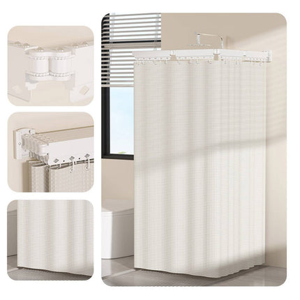 Shower Curtain Set Hidden Foldable Rod No Drill White Curtain Wet Dry Separation