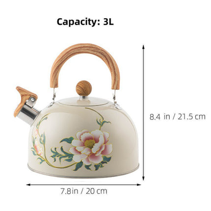 3L Stainless Steel Whistling Kettle Floral Anti Scald Handle for Gas Stove Top