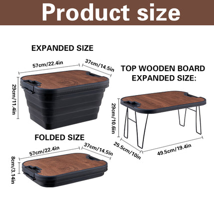 Outdoor Foldable Storage Box 30L with Wooden Lid Table Camping Picnic Car Boot