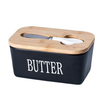 Ceramic Butter Box Basic Model Wooden Lid With Knife Refrigerator Cheese Box