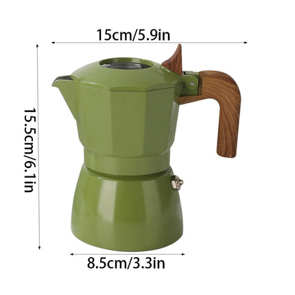 Double Valve Moka Pot Italian Espresso Coffee Maker Aluminium Green Wood Handle