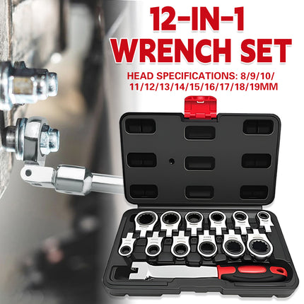 12 In 1 Head Changeable Ratchet Box Wrench Set Home Garage Mechanical Tools Kit