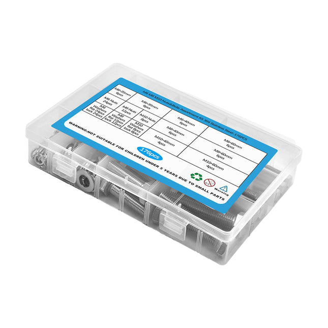 176PCS Stainless Steel Nut Set Silver Hardware Fasteners for Car Home DIY Repair