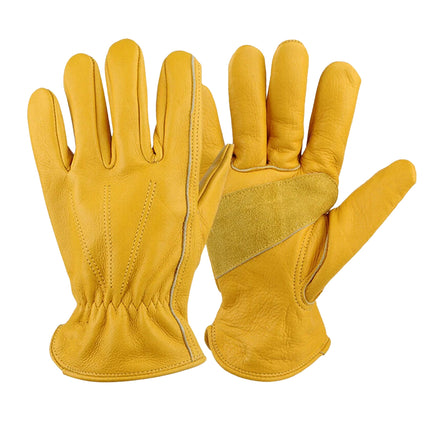 Golden Yellow Cowhide Work Gloves Full Finger Gardening DIY Home Maintenance Use
