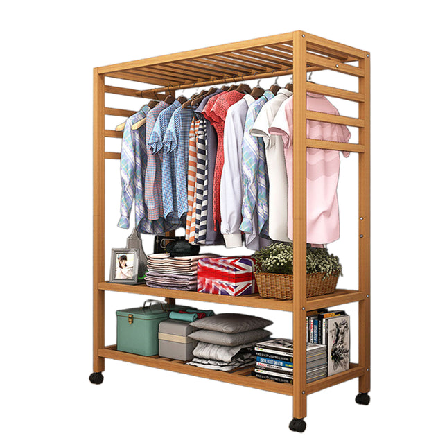 Bamboo Floor-Standing Clothes Rack with Wheels Large Capacity Bedroom Entryway