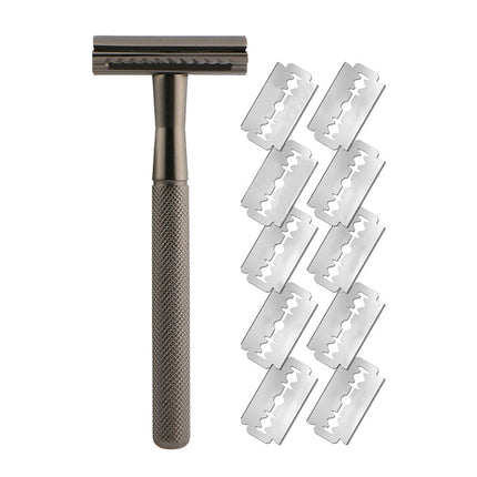 Double Edge Safety Razor Manual Shaver Diamond Grip Grey 10 Blades 4.3 x 10.8cm
