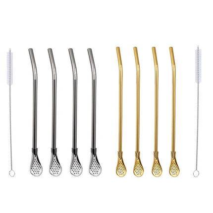 5pcs Stainless Steel Straw Spoon Removable Filter Reusable Tea Juice Stirrer