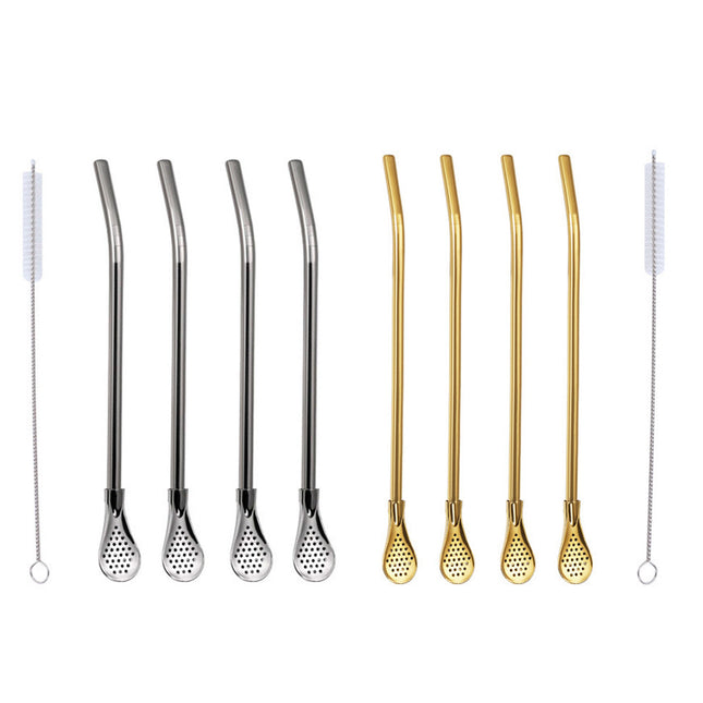 5pcs Stainless Steel Straw Spoon Removable Filter Reusable Tea Juice Stirrer