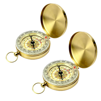 2PCS Copper Compass with Flip Cover and Hook Nightlight Camping Navigation