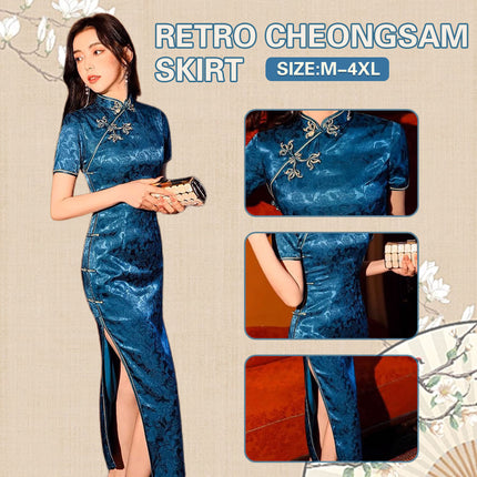 Blue Cheongsam Dress Long Retro Elegant Style Traditional Chinese Qipao Vintage