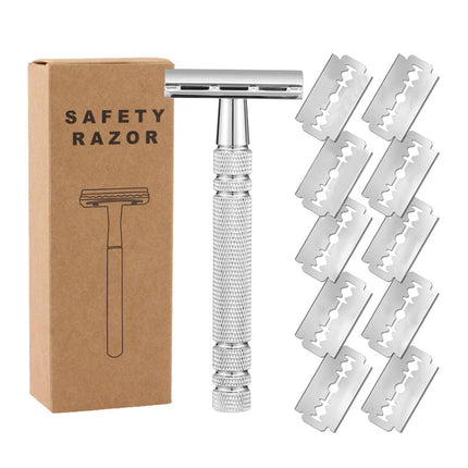 Double Edge Safety Razor Aluminium Zinc Silver 10 Blades 4.3 x 10.8cm
