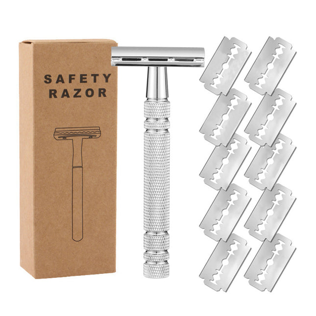 Double Edge Safety Razor Aluminium Zinc Silver 10 Blades 4.3 x 10.8cm
