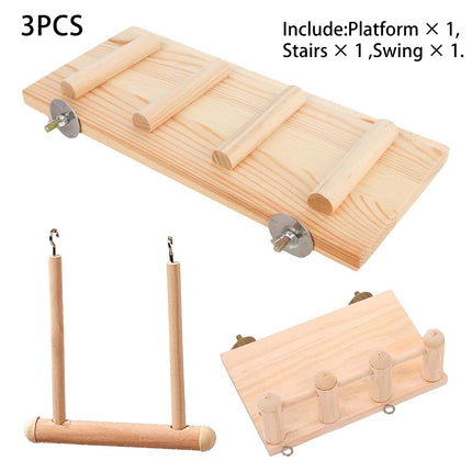 Wooden Parrot Platform Ladder Swing Toy 3 Piece Set Natural Wood Non Toxic